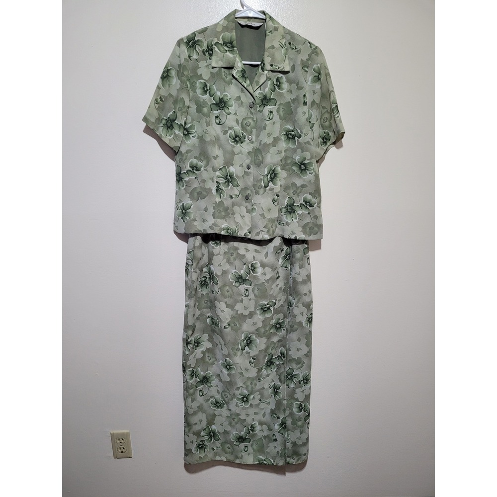 TanJay Skirt Set Women 8 Green Vintage Floral Blouse Midi‎ Skirt 2pc